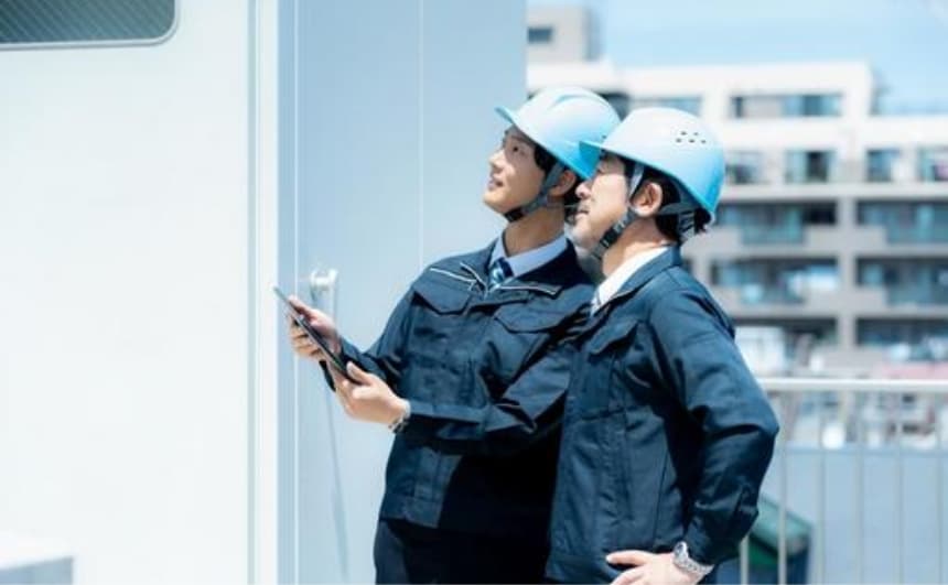 建物を見上げる２人の施工管理者